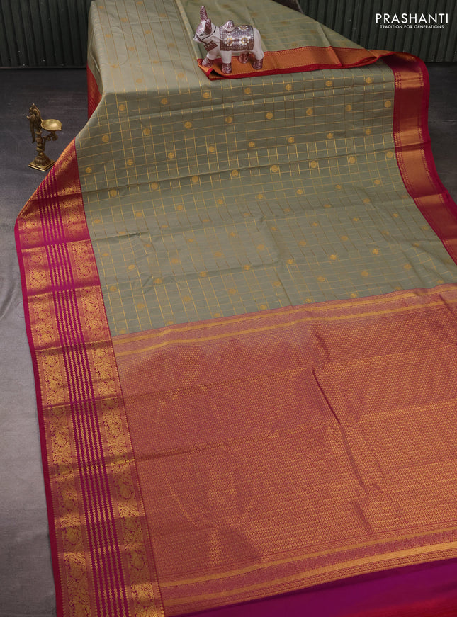 Semi kanchipuram silk saree pastel green and pink with allover zari checks & buttas and long zari woven korvai border