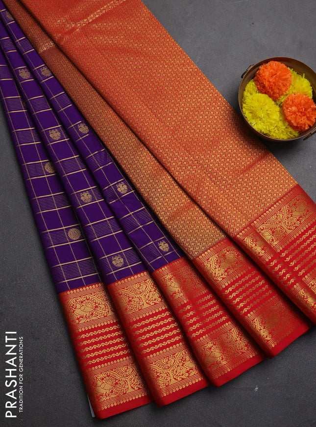Semi kanchipuram silk saree purple and red with allover zari checks & buttas and long zari woven korvai border