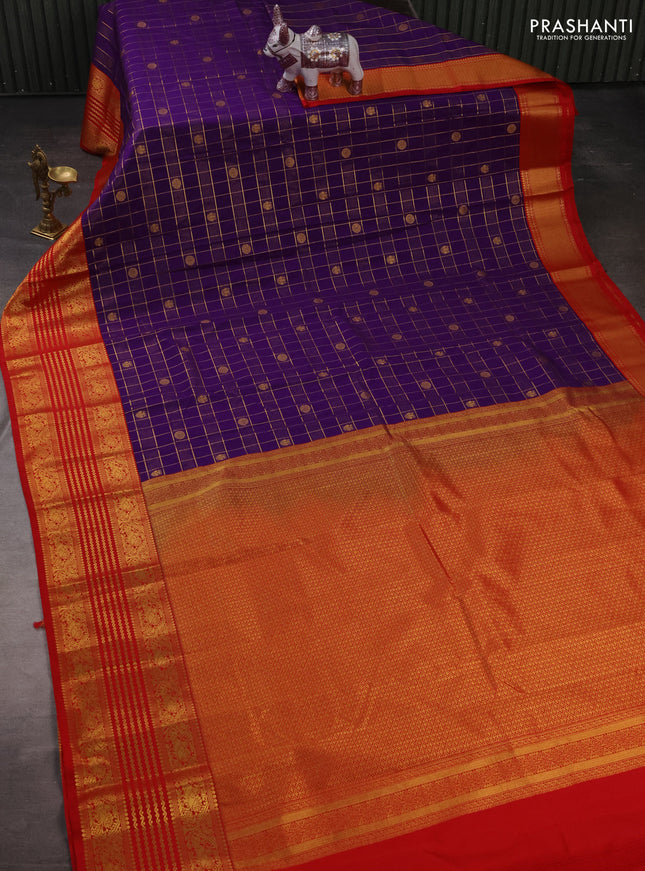 Semi kanchipuram silk saree purple and red with allover zari checks & buttas and long zari woven korvai border