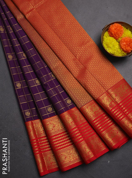 Semi kanchipuram silk saree purple and red with allover zari checks & buttas and zari woven korvai border
