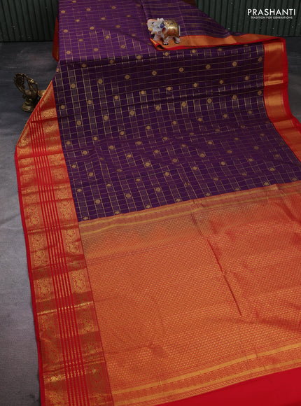Semi kanchipuram silk saree purple and red with allover zari checks & buttas and zari woven korvai border