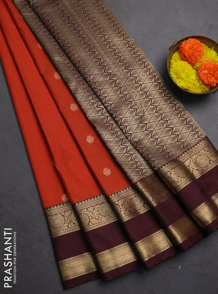 Semi kanchipuram silk saree rust shade and coffee brown with zari woven buttas and rettapet zari woven korvai border