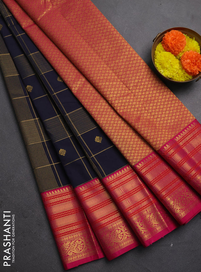 Semi kanchipuram silk saree deep navy blue and magenta pink with allover zari checks & buttas and long zari woven korvai border