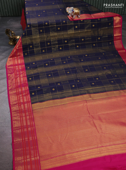 Semi kanchipuram silk saree deep navy blue and magenta pink with allover zari checks & buttas and long zari woven korvai border
