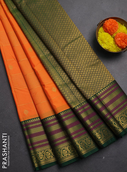 Semi kanchipuram silk saree orange and green with allover zari checks & buttas and long zari woven korvai border