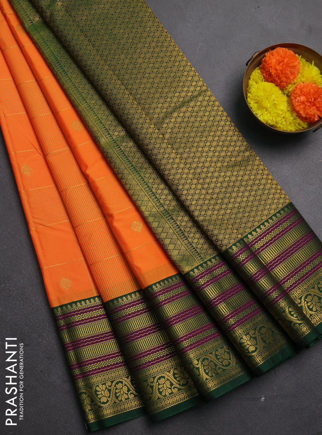 Semi kanchipuram silk saree orange and green with allover zari checks & buttas and long zari woven korvai border