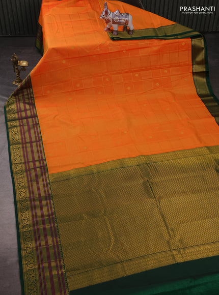 Semi kanchipuram silk saree orange and green with allover zari checks & buttas and long zari woven korvai border