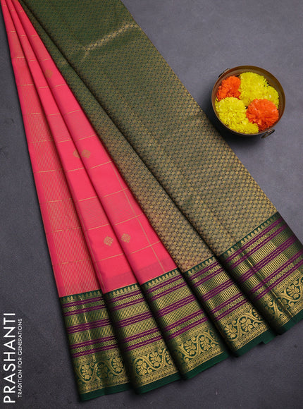 Semi kanchipuram silk saree pink and green with allover zari checks & buttas and long zari woven korvai border