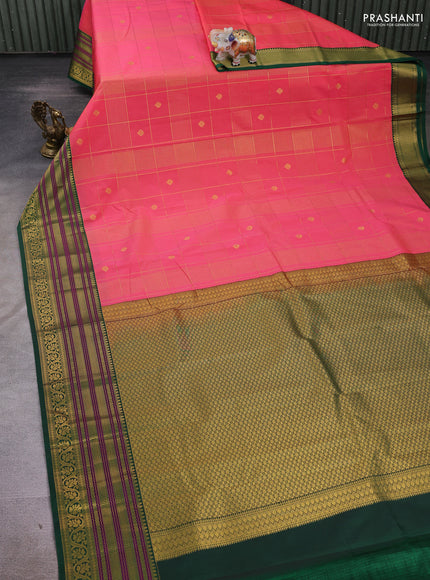 Semi kanchipuram silk saree pink and green with allover zari checks & buttas and long zari woven korvai border