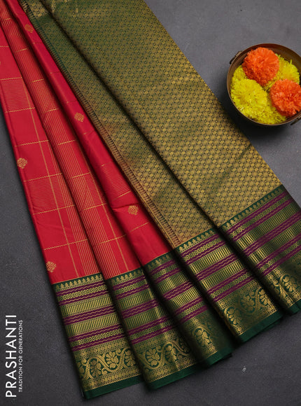 Semi kanchipuram silk saree pink and green with allover zari checks & buttas and long zari woven korvai border