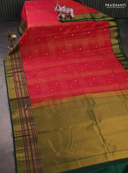 Semi kanchipuram silk saree pink and green with allover zari checks & buttas and long zari woven korvai border
