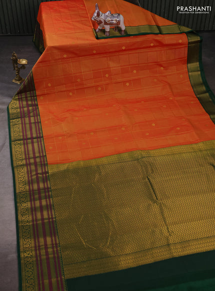 Semi kanchipuram silk saree sunset orange and green with allover zari checks & buttas and long zari woven korvai border