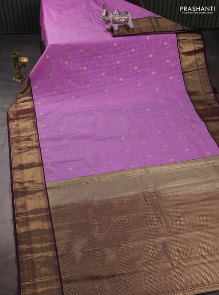 Semi kanchipuram silk saree lavender and deep purple with allover zari checks & buttas and zari woven korvai border