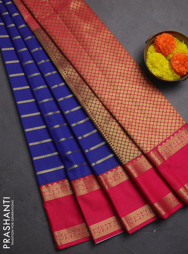 Semi kanchipuram silk saree blue and pink with allover zari weaves and rettapet zari woven korvai border
