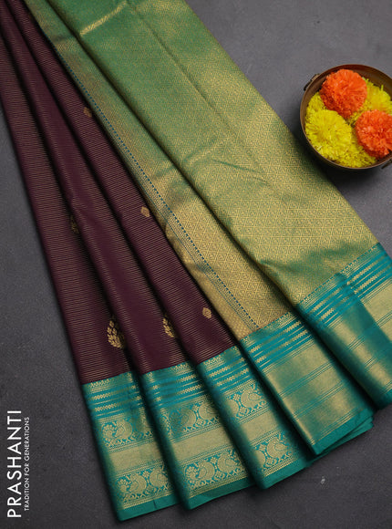 Semi kanchipuram silk saree deep wine and teal green with allover zari weaves & buttas and zari woven korvai border