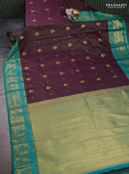 Semi kanchipuram silk saree deep wine and teal green with allover zari weaves & buttas and zari woven korvai border
