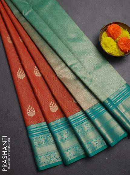 Semi kanchipuram silk saree rust shade and teal green with allover zari weaves & buttas and zari woven korvai border