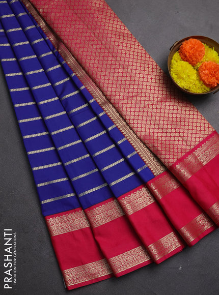 Semi kanchipuram silk saree blue and pink with allover zari weaves and rettapet zari woven korvai border