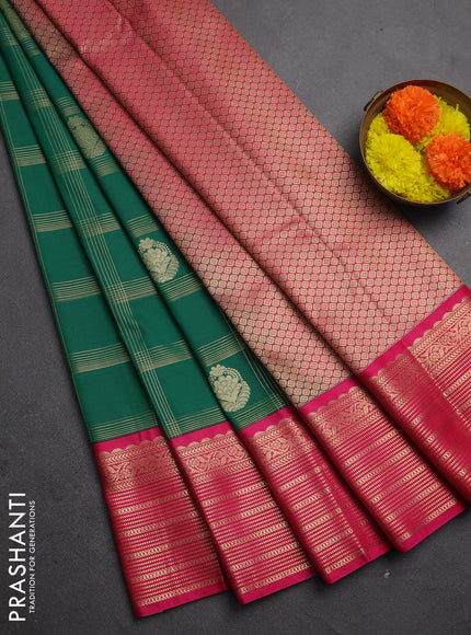 Semi kanchipuram silk saree green and pink with allover zari checks & buttas and zari woven korvai border