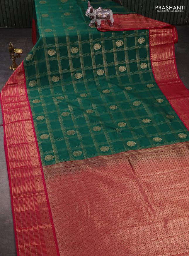 Semi kanchipuram silk saree green and pink with allover zari checks & buttas and zari woven korvai border