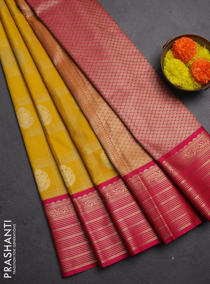 Semi kanchipuram silk saree yellow and pink with allover zari checks & buttas and zari woven korvai border