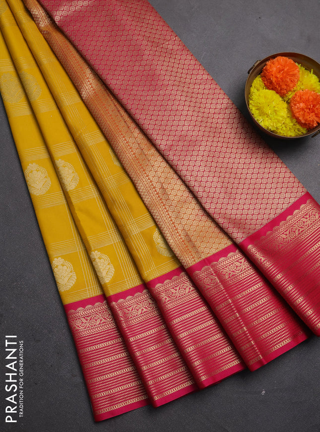 Semi kanchipuram silk saree yellow and pink with allover zari checks & buttas and zari woven korvai border