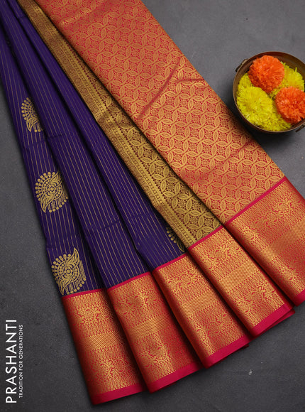 Semi kanchipuram silk saree violet and pink with allover zari stripes & buttas and zari woven korvai border
