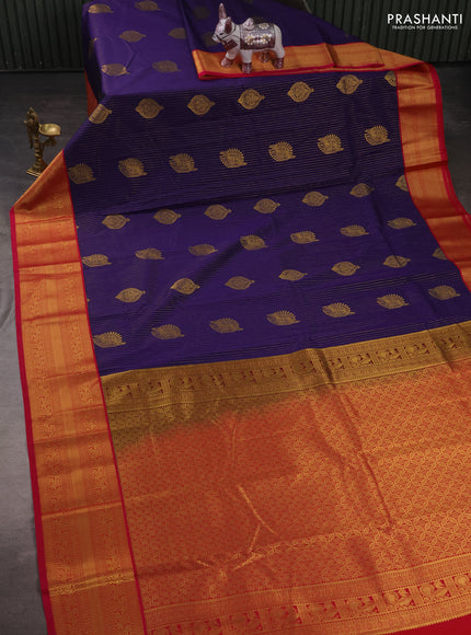 Semi kanchipuram silk saree violet and pink with allover zari stripes & buttas and zari woven korvai border