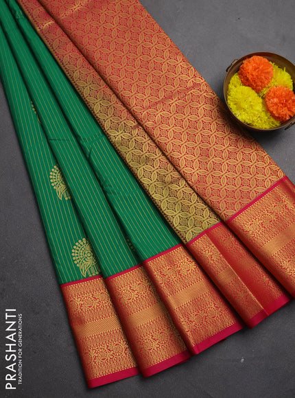 Semi kanchipuram silk saree green and pink with allover zari stripes & buttas and zari woven korvai border
