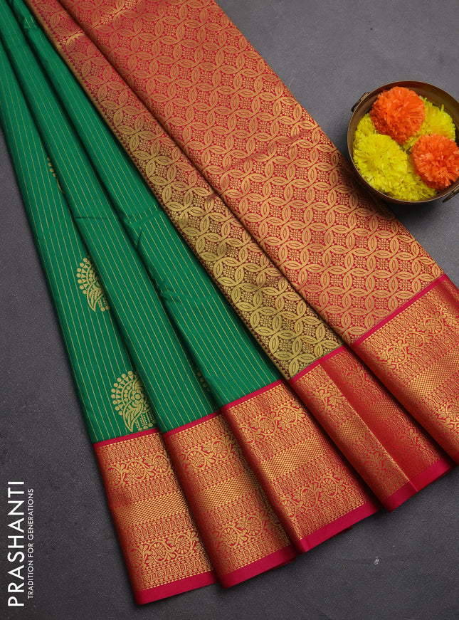 Semi kanchipuram silk saree green and pink with allover zari stripes & buttas and zari woven korvai border
