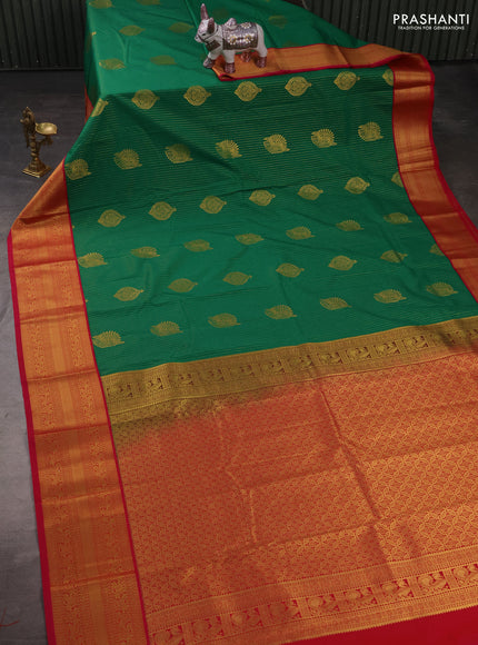 Semi kanchipuram silk saree green and pink with allover zari stripes & buttas and zari woven korvai border