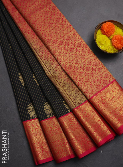 Semi kanchipuram silk saree black and pink with allover zari stripes & buttas and zari woven korvai border