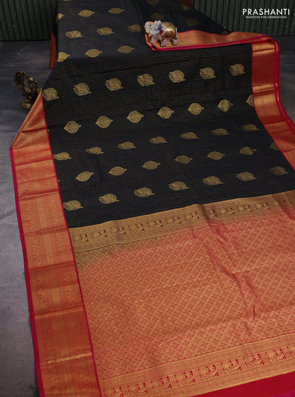 Semi kanchipuram silk saree black and pink with allover zari stripes & buttas and zari woven korvai border
