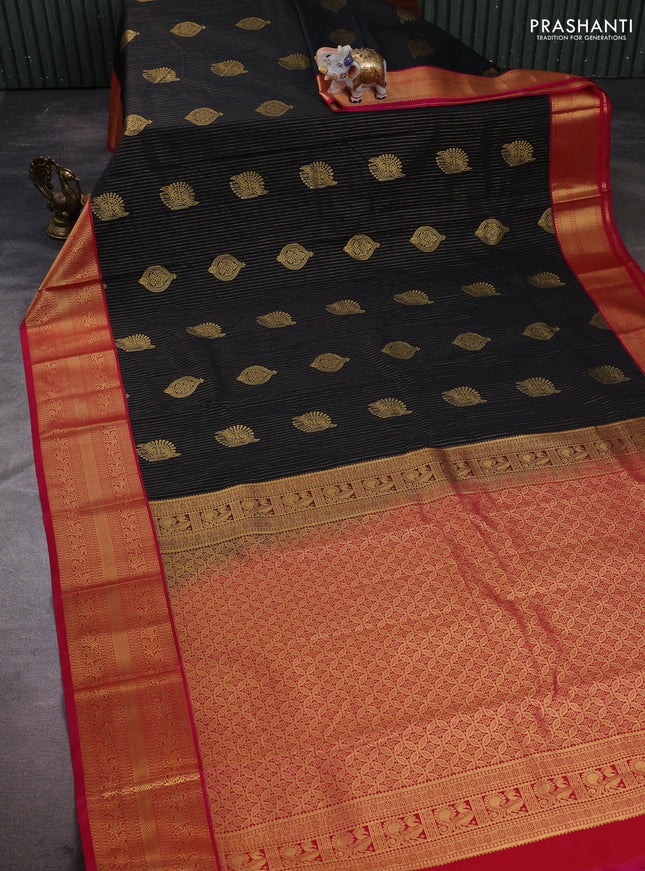 Semi kanchipuram silk saree black and pink with allover zari stripes & buttas and zari woven korvai border