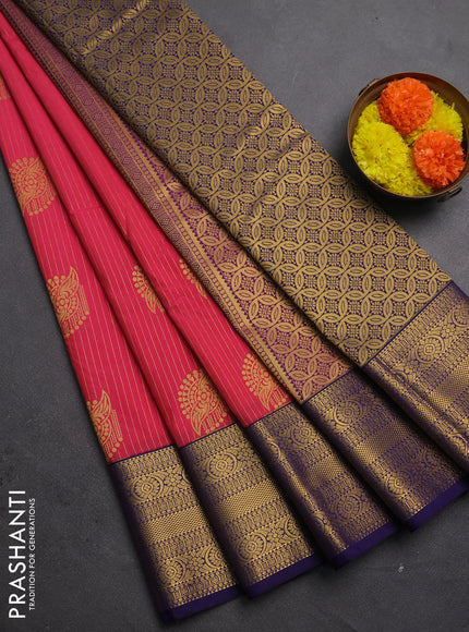 Semi kanchipuram silk saree pink shade and navy blue with allover zari stripes & buttas and zari woven korvai border