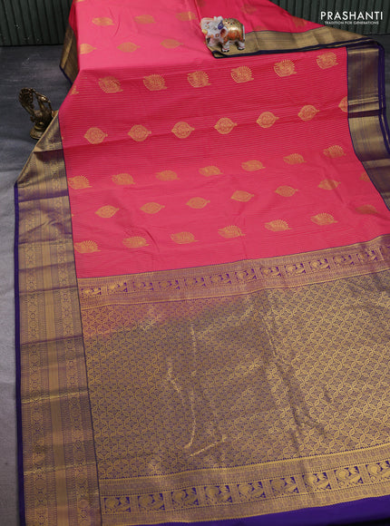 Semi kanchipuram silk saree pink shade and navy blue with allover zari stripes & buttas and zari woven korvai border