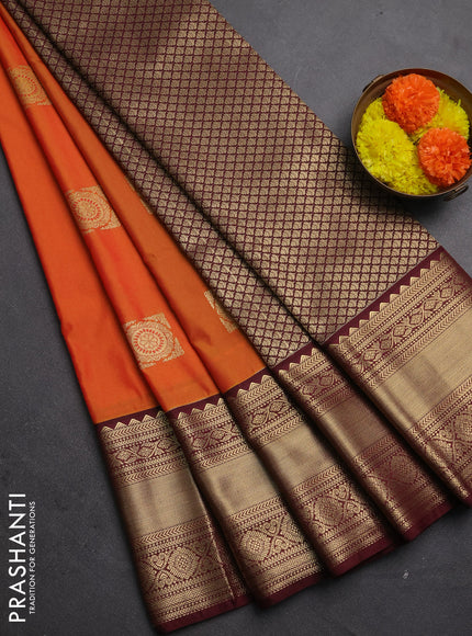 Semi kanchipuram silk saree orange and maroon with zari woven buttas and long zari woven korvai border