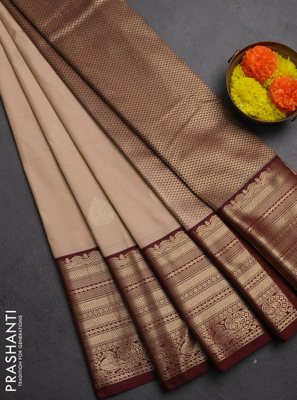 Semi kanchipuram silk saree beige and maroon with zari woven buttas and long zari woven korvai border