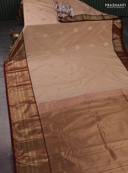Semi kanchipuram silk saree beige and maroon with zari woven buttas and long zari woven korvai border