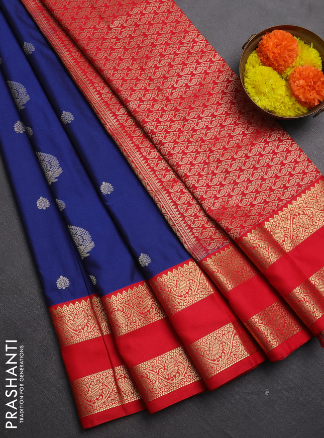 Semi kanchipuram silk saree blue and red with zari woven buttas and rettapet zari woven korvai border