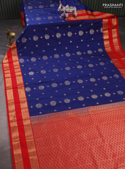 Semi kanchipuram silk saree blue and red with zari woven buttas and rettapet zari woven korvai border