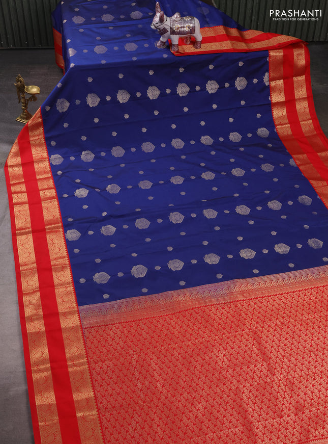 Semi kanchipuram silk saree blue and red with zari woven buttas and rettapet zari woven korvai border