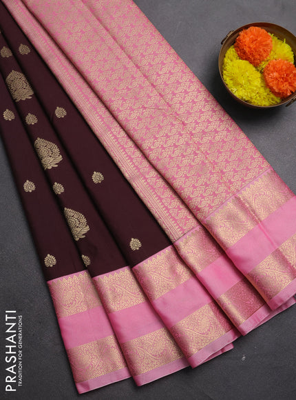 Semi kanchipuram silk saree coffee brown and light pink with zari woven buttas and rettapet zari woven korvai border