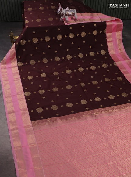 Semi kanchipuram silk saree coffee brown and light pink with zari woven buttas and rettapet zari woven korvai border