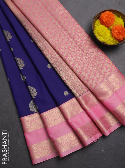Semi kanchipuram silk saree navy blue and light pink with zari woven buttas and rettapet zari woven korvai border