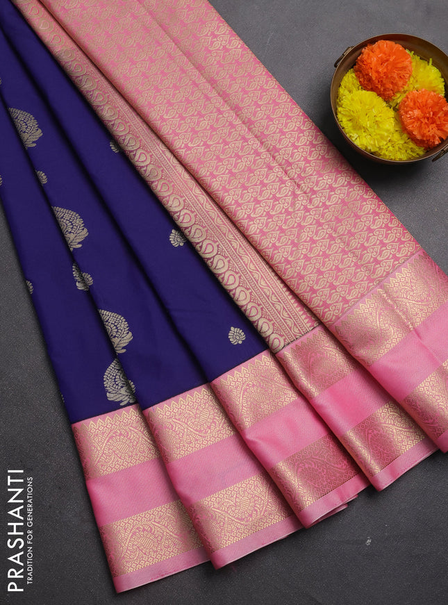 Semi kanchipuram silk saree navy blue and light pink with zari woven buttas and rettapet zari woven korvai border