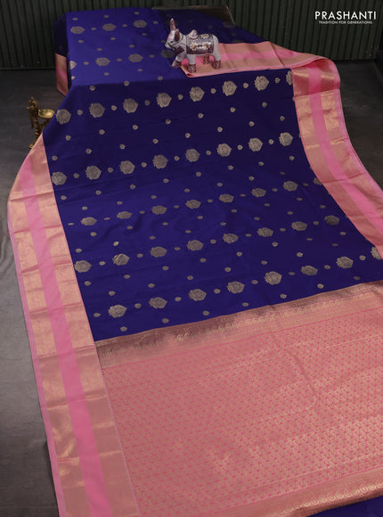 Semi kanchipuram silk saree navy blue and light pink with zari woven buttas and rettapet zari woven korvai border