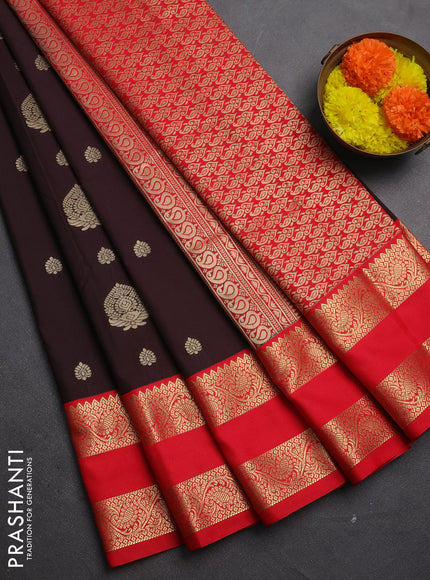 Semi kanchipuram silk saree coffee brown and red with zari woven buttas and rettapet zari woven korvai border
