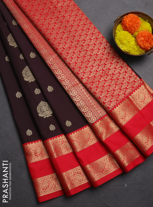 Semi kanchipuram silk saree coffee brown and red with zari woven buttas and rettapet zari woven korvai border