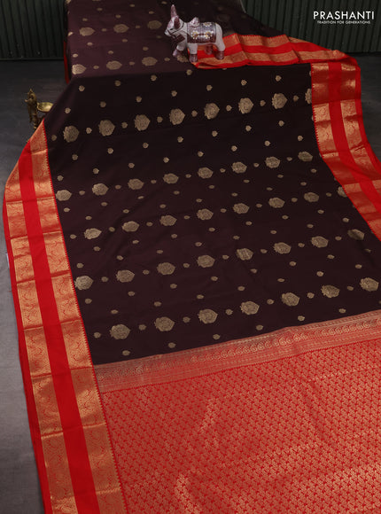 Semi kanchipuram silk saree coffee brown and red with zari woven buttas and rettapet zari woven korvai border